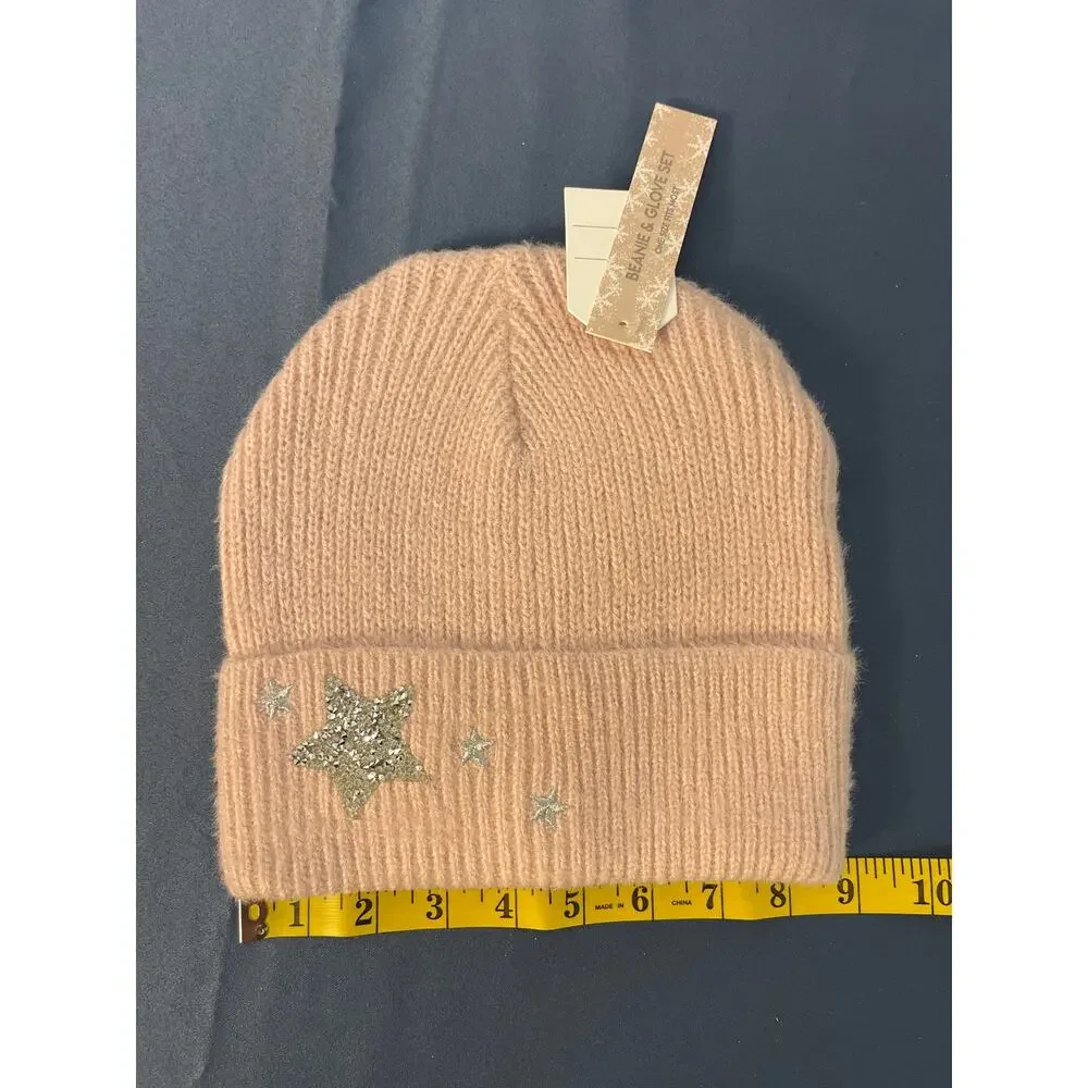 Accessory Innovations Pink Smoke‎ Star Sequin Beanie and Glove Set UB224272 NWT